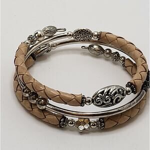 Braided Leather Wrap Bracelet Memory Wire Multi Strand Boho Beaded